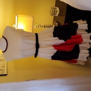 MILLY DRESS, size 10, sleeveless, cream w/blk/red abstract print, lined, belted